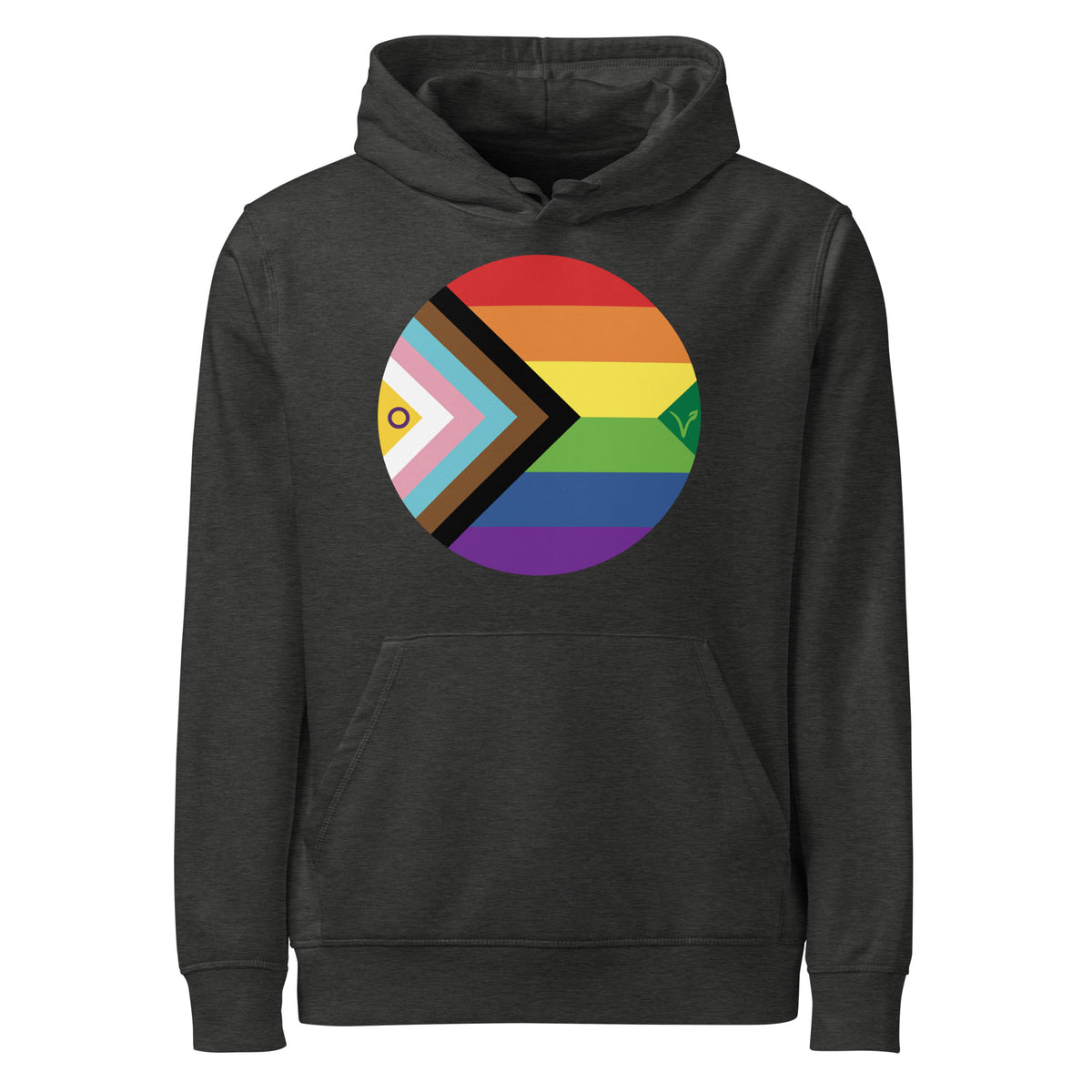 Dunkelgrauer Hoodie mit Kapuze und Regenbogen-Aufdruck im Kreis auf der Brust
