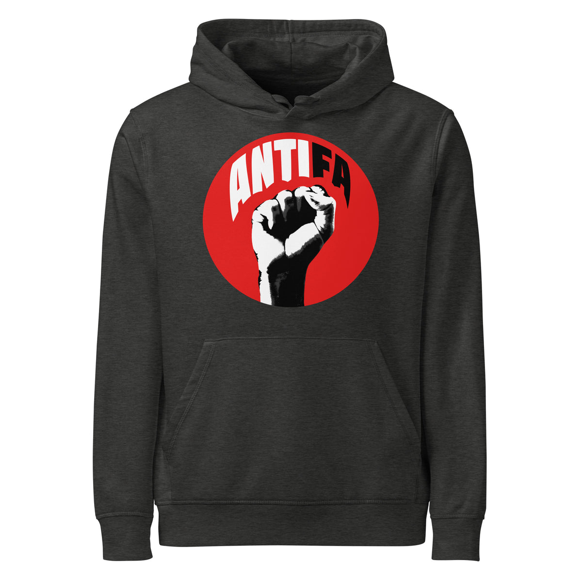 Dunkelgrauer Hoodie mit Kapuze und Frontdruck im roten Kreis (ANTIFA)