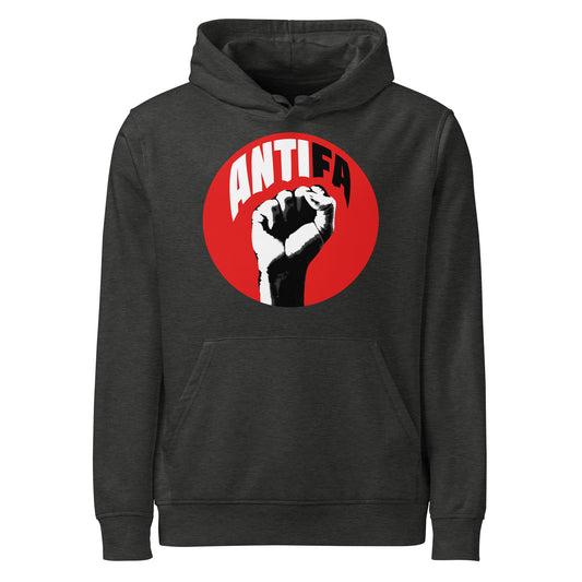 Dunkelgrauer Hoodie mit Kapuze und Frontdruck im roten Kreis (ANTIFA)