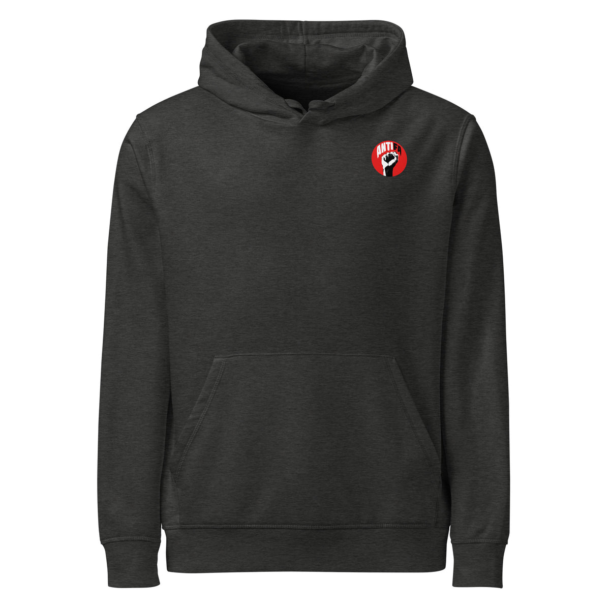 Dunkelgrauer Hoodie mit Kapuze und Kängurutasche, rotes rundes Logo-Emblem vorne