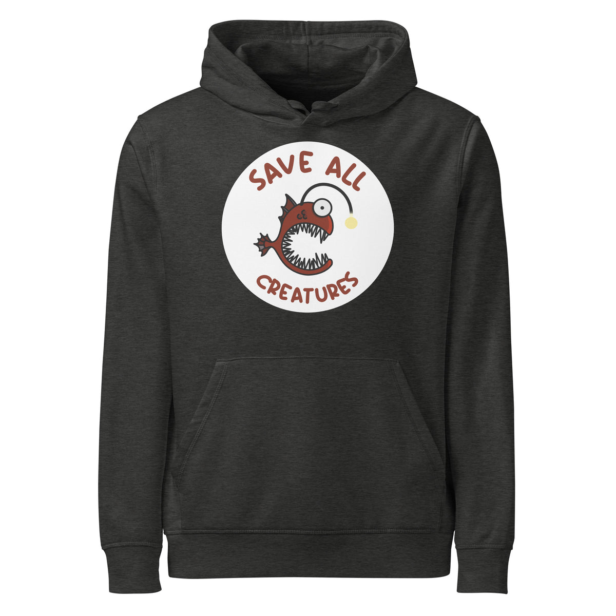 Dunkelgrauer Hoodie mit Kapuze und Kängurutasche, „Save all Creatures“-Aufdruck im Kreis