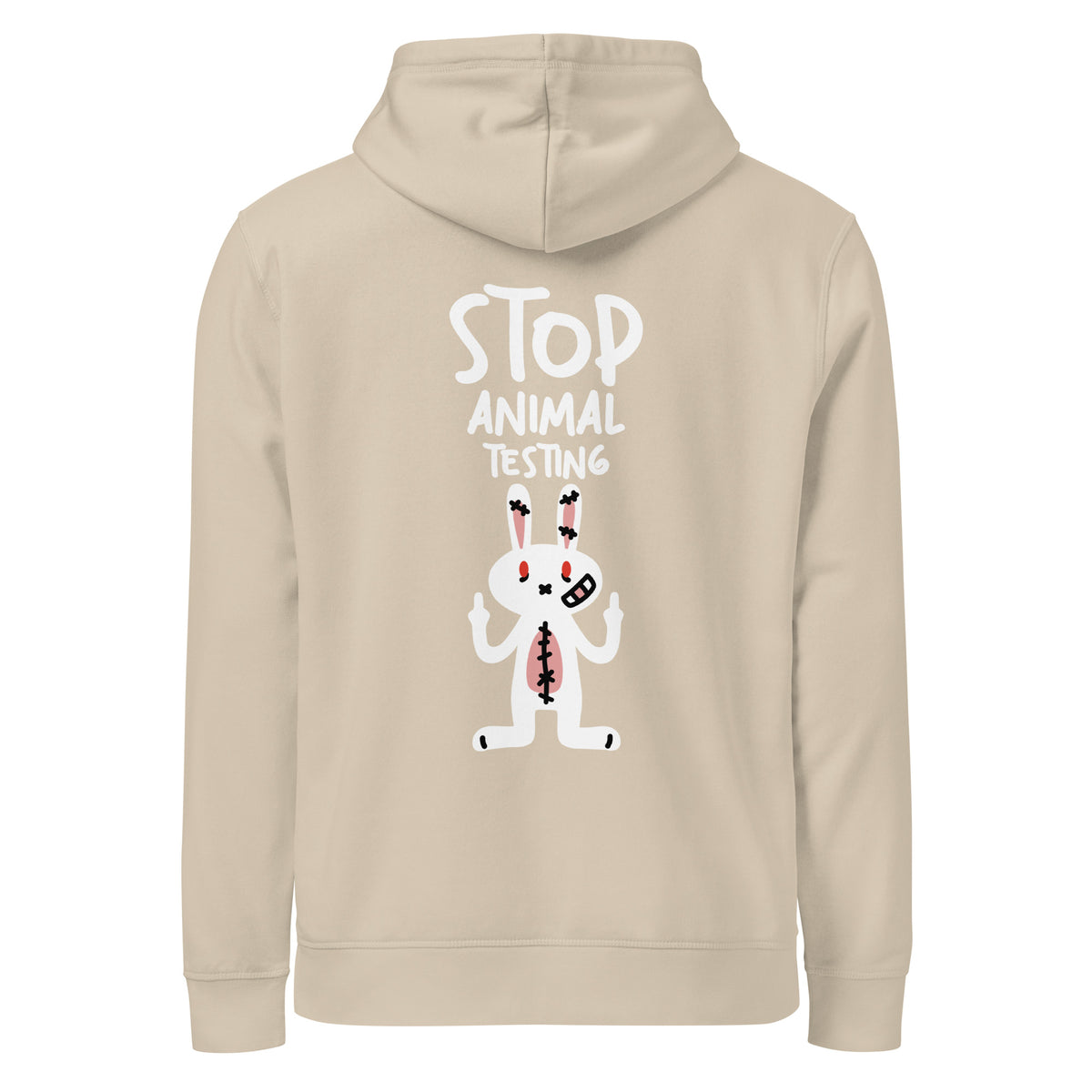 Beiger Hoodie mit Kapuze und Frontprint „STOP ANIMAL TESTING“ mit Kaninchen