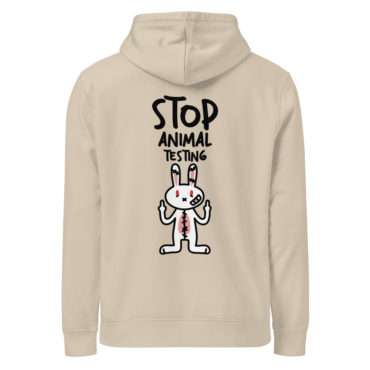 Beiger veganer Bio-Hoodie mit Kapuze und Frontaufdruck STOP ANIMAL TESTING