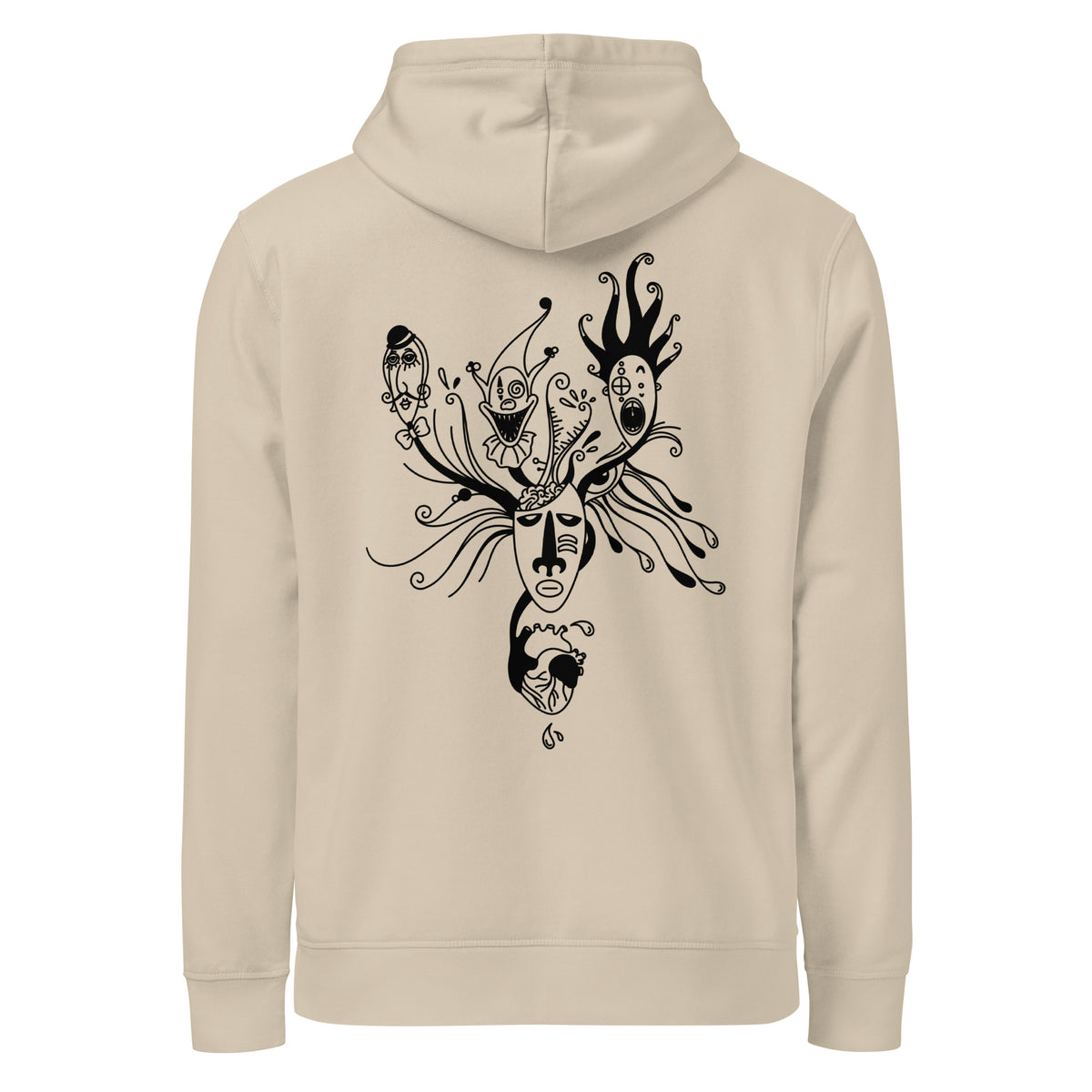 Beiger Hoodie mit Kapuze und schwarz-weißem Maskenprint auf dem Rücken