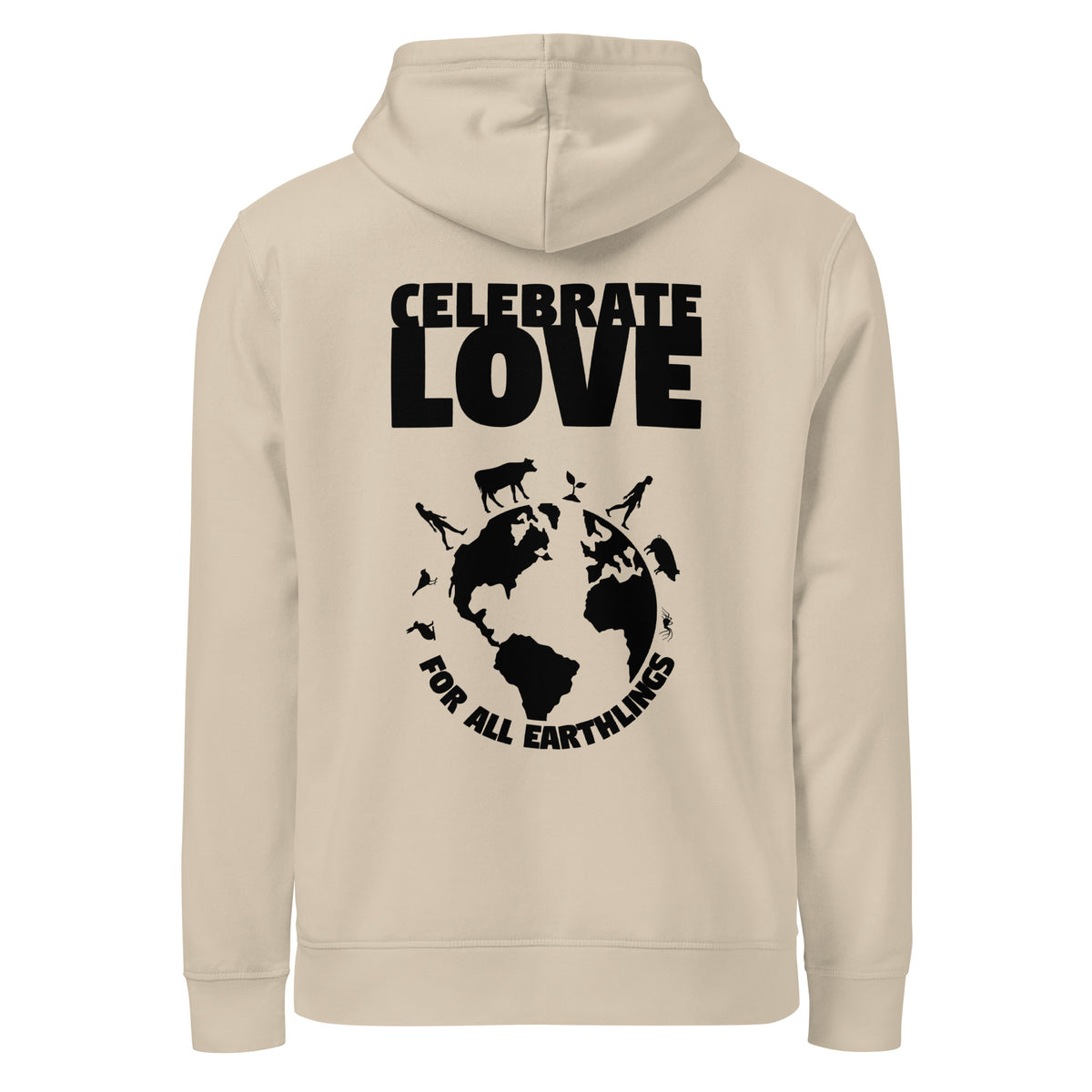 Hellbeiger Hoodie mit Kapuze und großem Print „CELEBRATE LOVE“ auf der Vorderseite