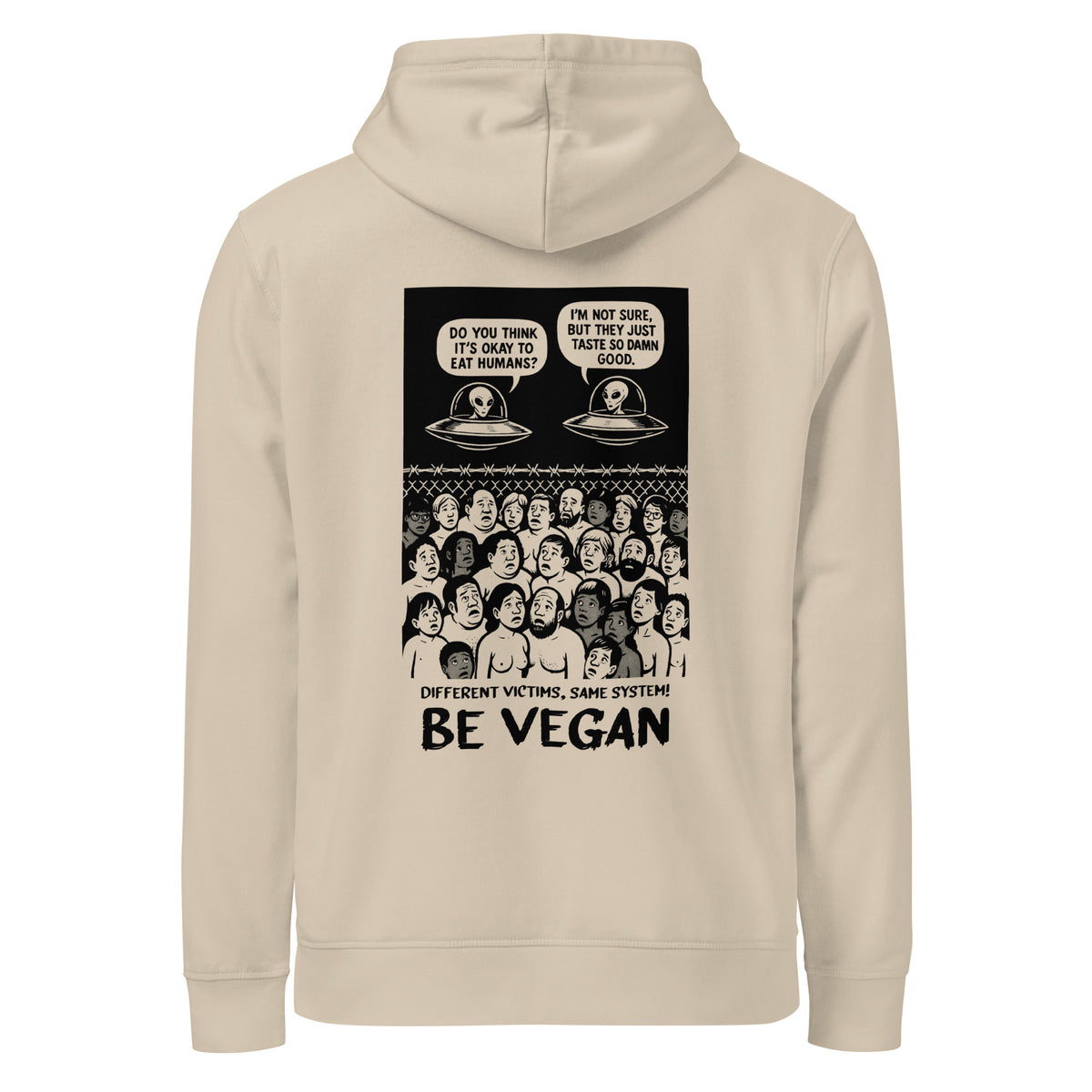 Beiger veganes Bio-Hoodie mit Kapuze und Reißverschluss, Alien-Print vorne
