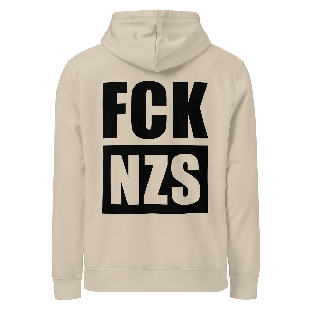 Beiger Hoodie mit Kapuze und Kängurutasche, Frontprint „FCK NZS“.