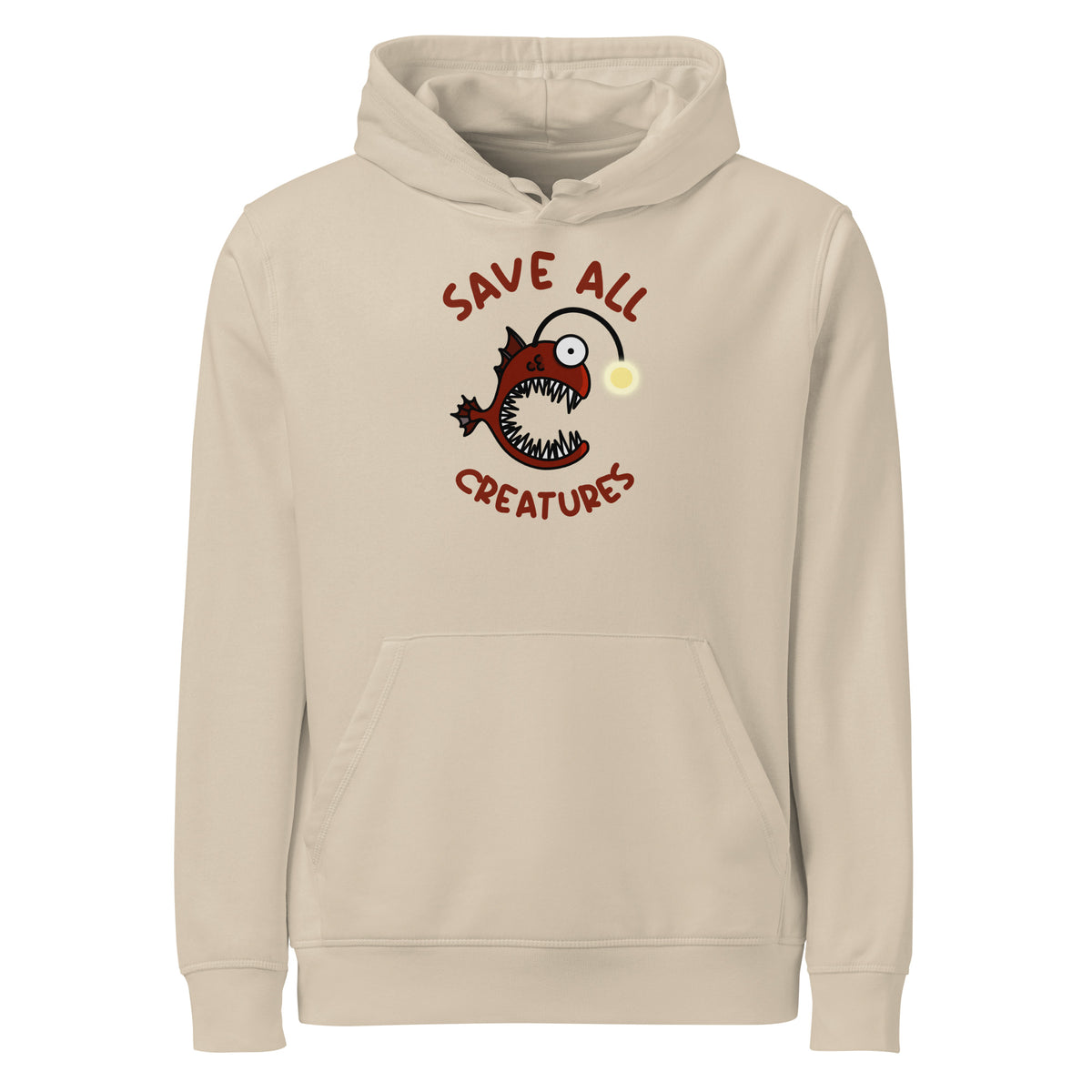 Hellbeiger Hoodie mit Kapuze und Kängurutasche, bunter „Save all Creatures“-Aufdruck