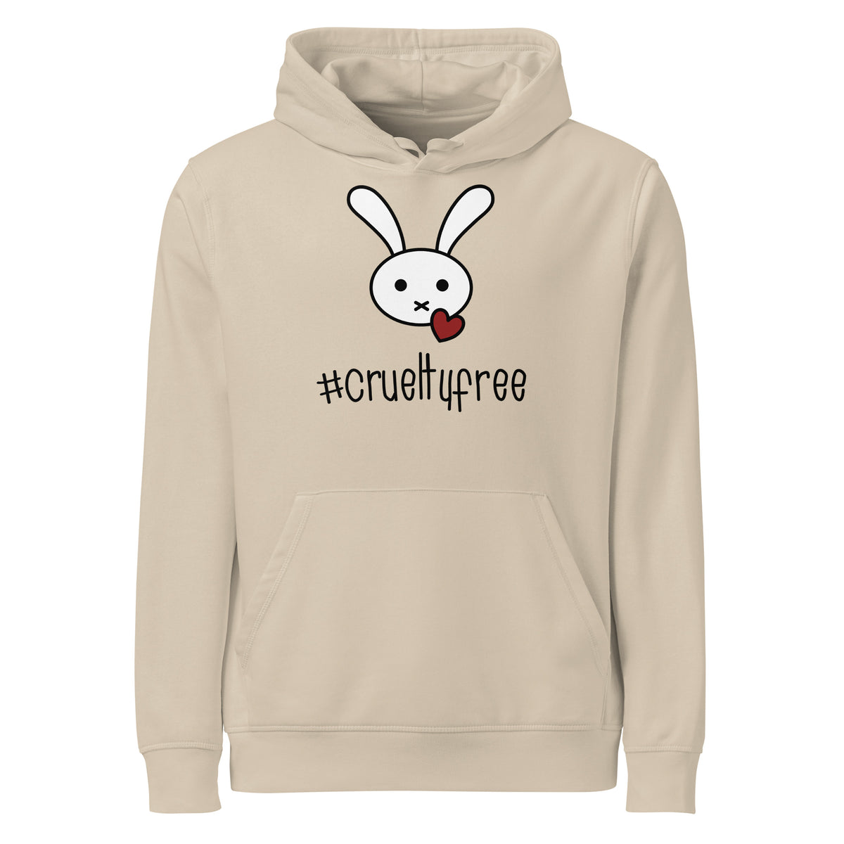 Beiger Bio-Baumwoll-Hoodie mit Hasen-Grafik, rotem Herz und #crueltyfree Schriftzug in Unisex-Passform.