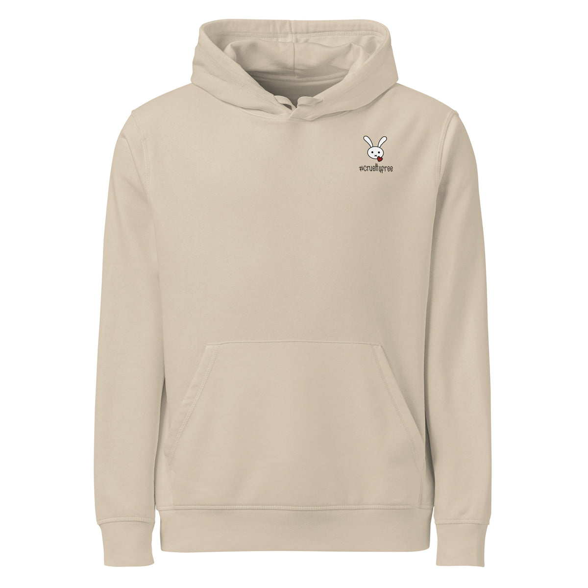 Beiger Bio-Baumwoll-Hoodie im Unisex-Schnitt mit kleinem Hasen-Logo und #crueltyfree Schriftzug auf der Brust.