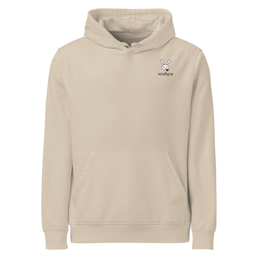 Beiger Bio-Baumwoll-Hoodie im Unisex-Schnitt mit kleinem Hasen-Logo und #crueltyfree Schriftzug auf der Brust.