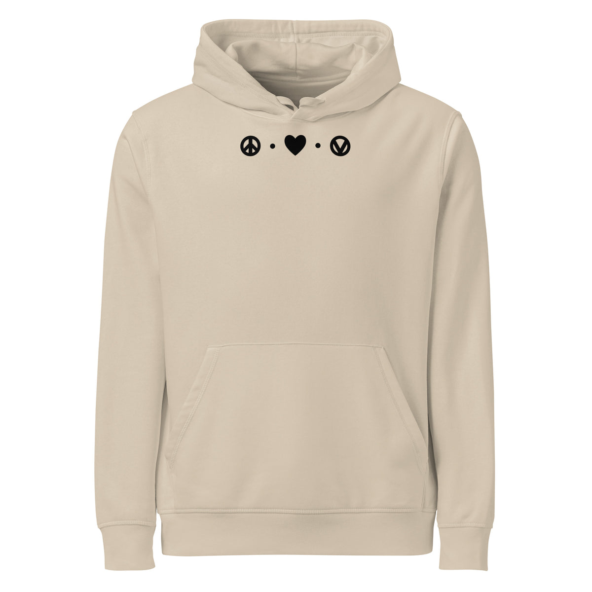 Beiger Hoodie mit Kapuze, Kängurutasche und Peace-/Herz-Print vorn.