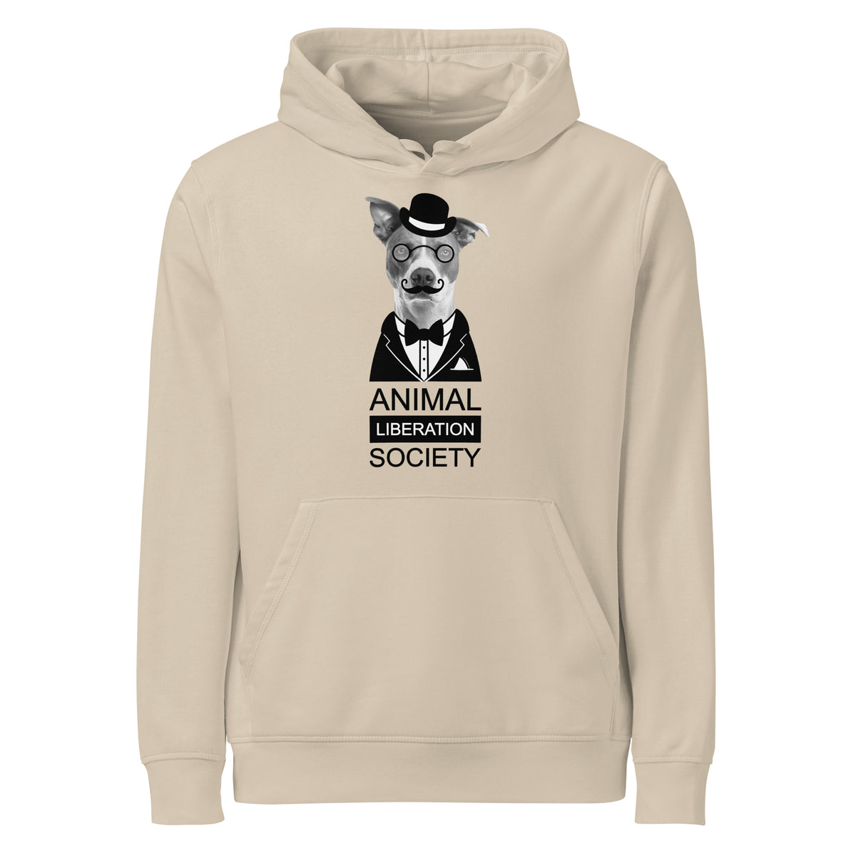 Beiger Hoodie mit Kapuze und Kängurutasche, Aufdruck „Animal Liberation Society“.