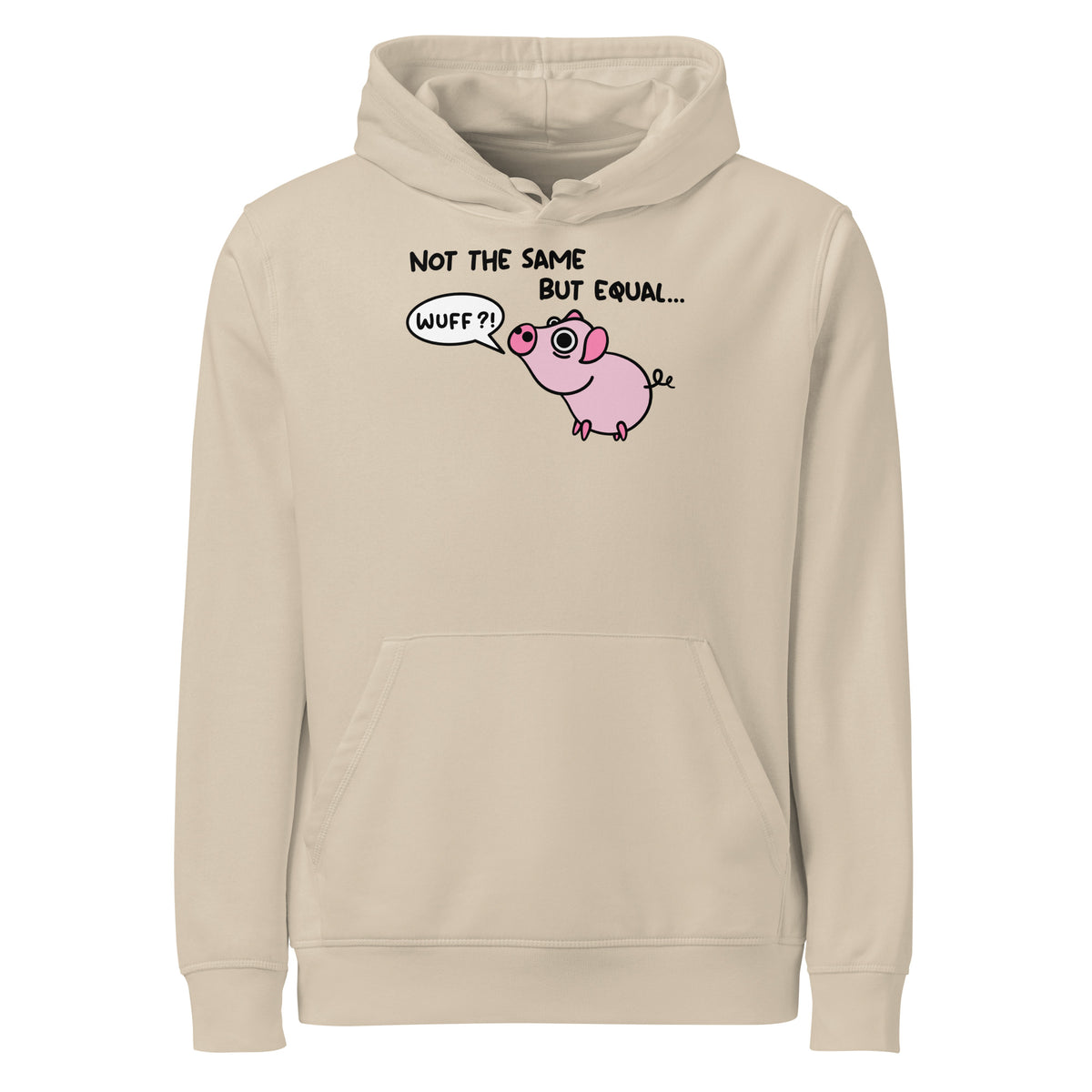 Veganer Bio-Hoodie, beiger Ton: Kapuze, Kängurutasche, Schweinchen-Comicprint