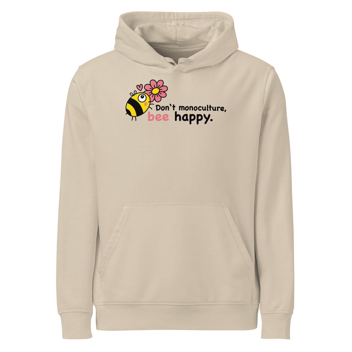 Beiger Hoodie mit Kapuze, Kängurutasche und Bienen-Aufdruck.