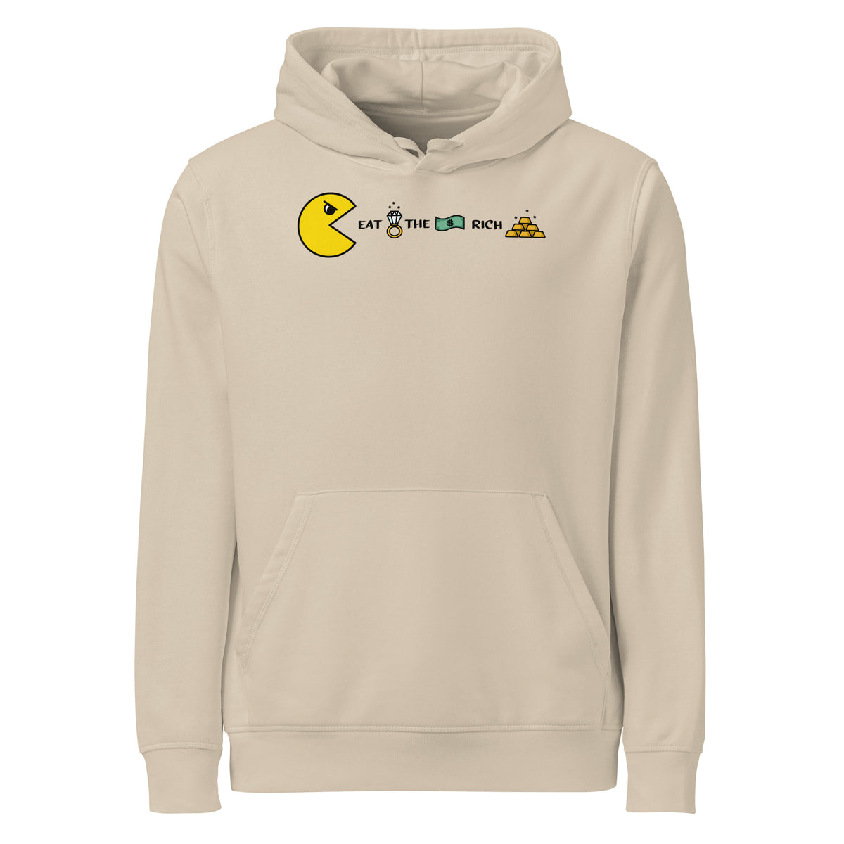 Beiger Hoodie mit Kapuze, Kängurutasche und „Eat the Rich“-Aufdruck