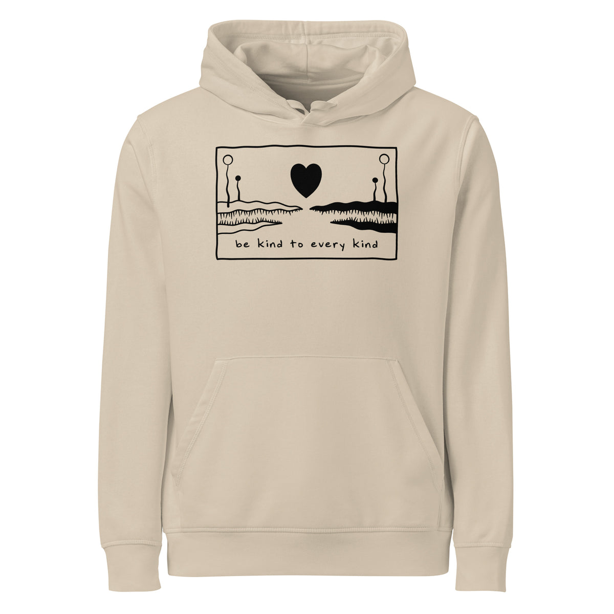 Beiger Bio-Hoodie mit Kapuze und Frontprint „be kind to every kind“