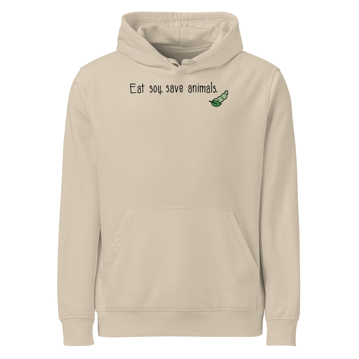 Beiger Hoodie mit Kapuze, Kängurutasche und grünem Schriftprint „Eat soy save animals“