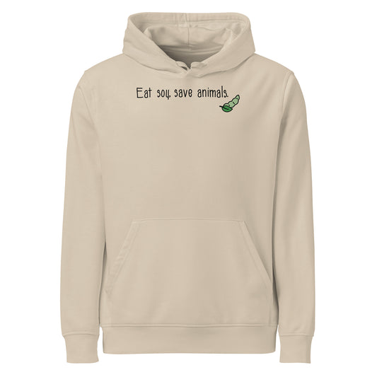 Beiger Hoodie mit Kapuze, Kängurutasche und grünem Schriftprint „Eat soy save animals“
