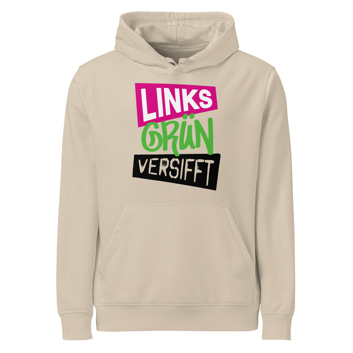 Hellbeiger Hoodie mit Kapuze und Frontprint aus bunten Schriftzügen
