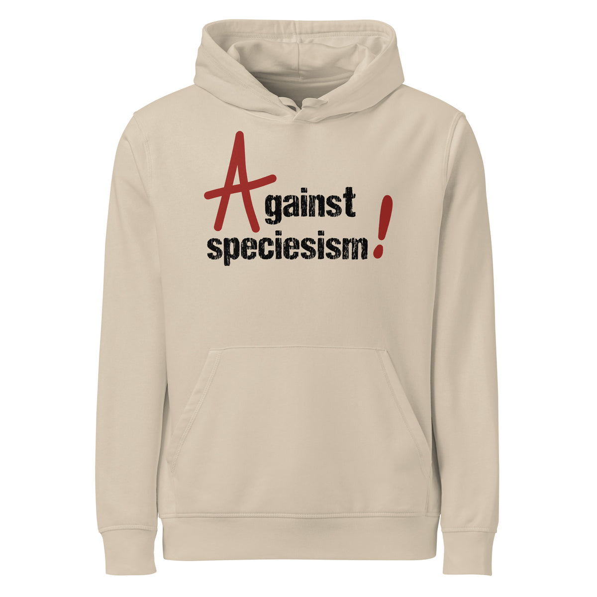 Beiger Bio-Vegan Hoodie mit Kapuze, Kängurutasche und Aufdruck „Against speciesism!“