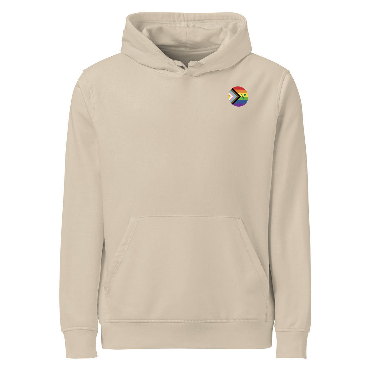 Beige Hoodie mit Kapuze, Kängurutasche und Regenbogen-Logo auf der Brust