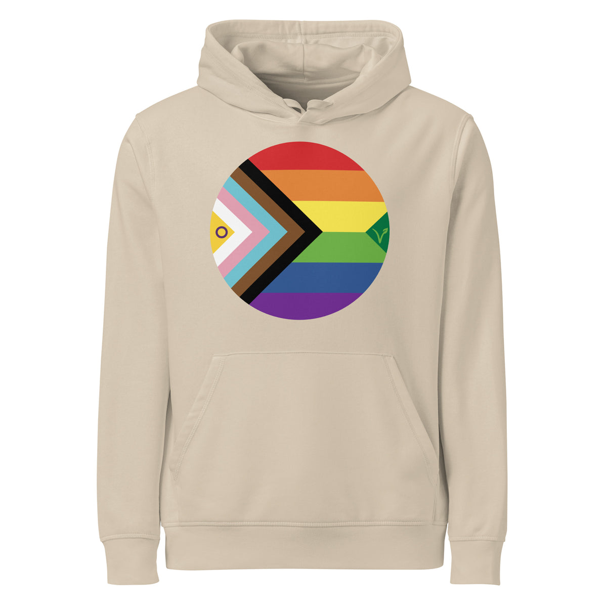 Beiger Hoodie mit Kapuze und Regenbogen-Aufdruck im Kreis auf der Brust