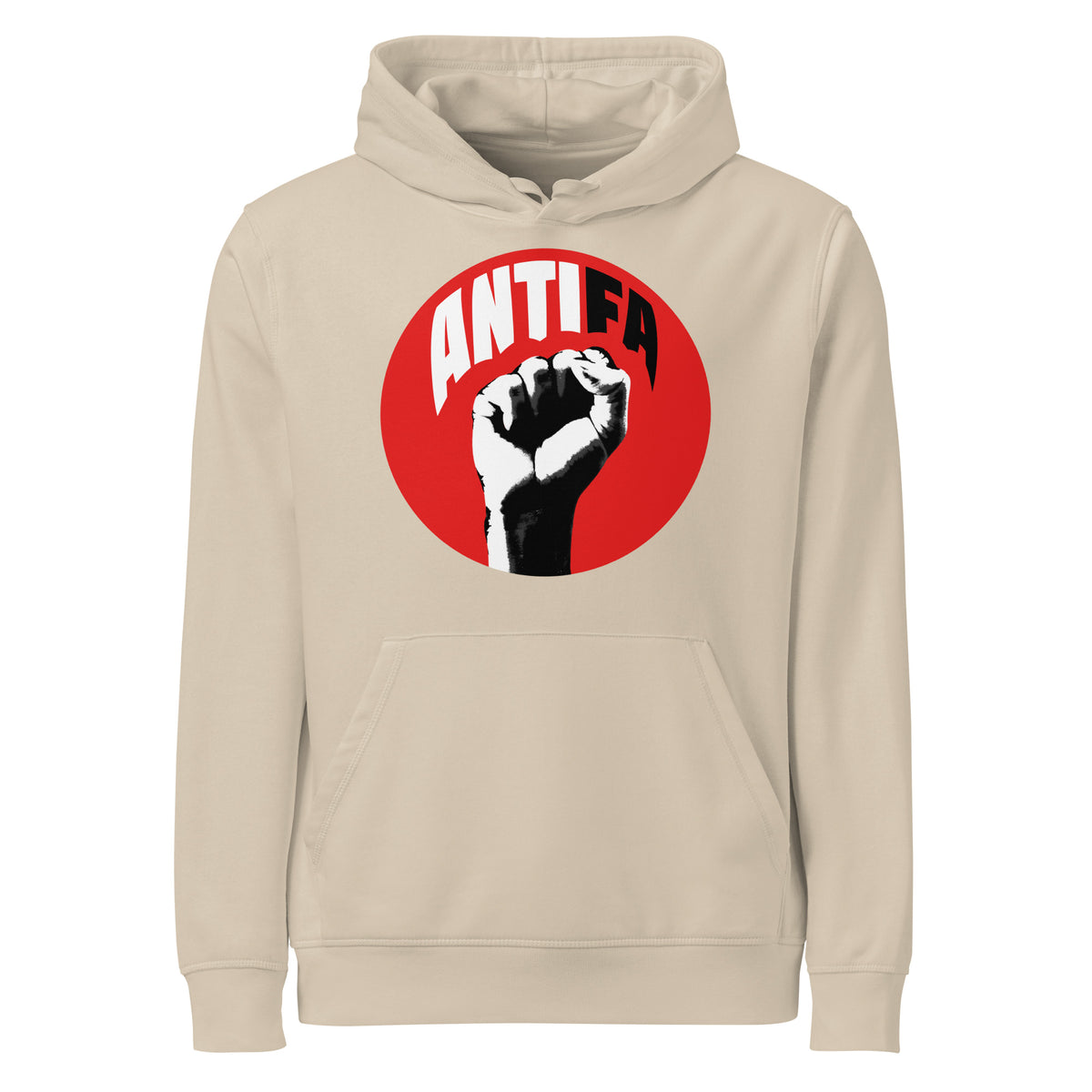 Beiger Hoodie mit Kapuze und Frontdruck im roten Kreis (ANTIFA)