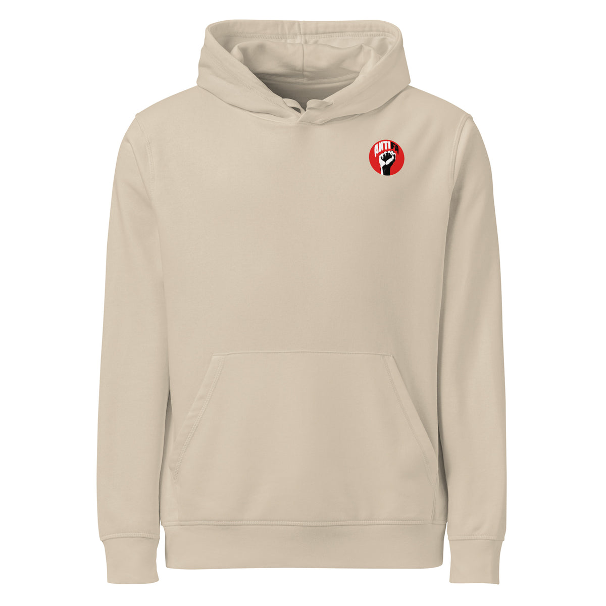 Beiger Hoodie mit Kapuze und Kängurutasche, rotes rundes Logo-Emblem vorne