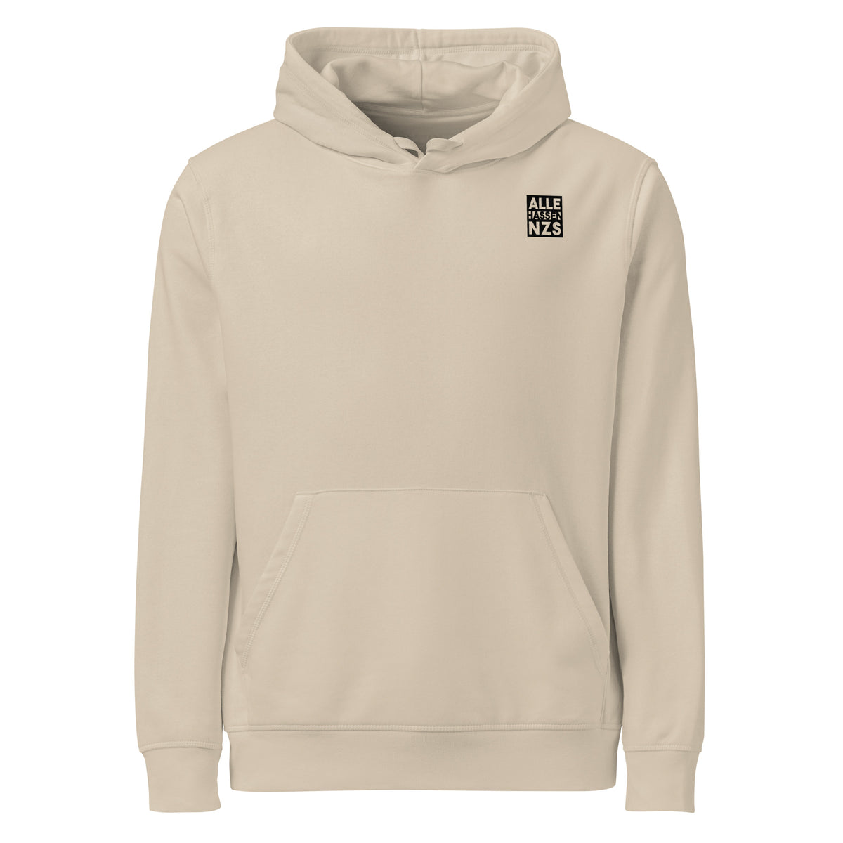 Beiger Hoodie mit Kapuze und Kängurutasche, Aufdruck „ALLE HASSEN NZS“