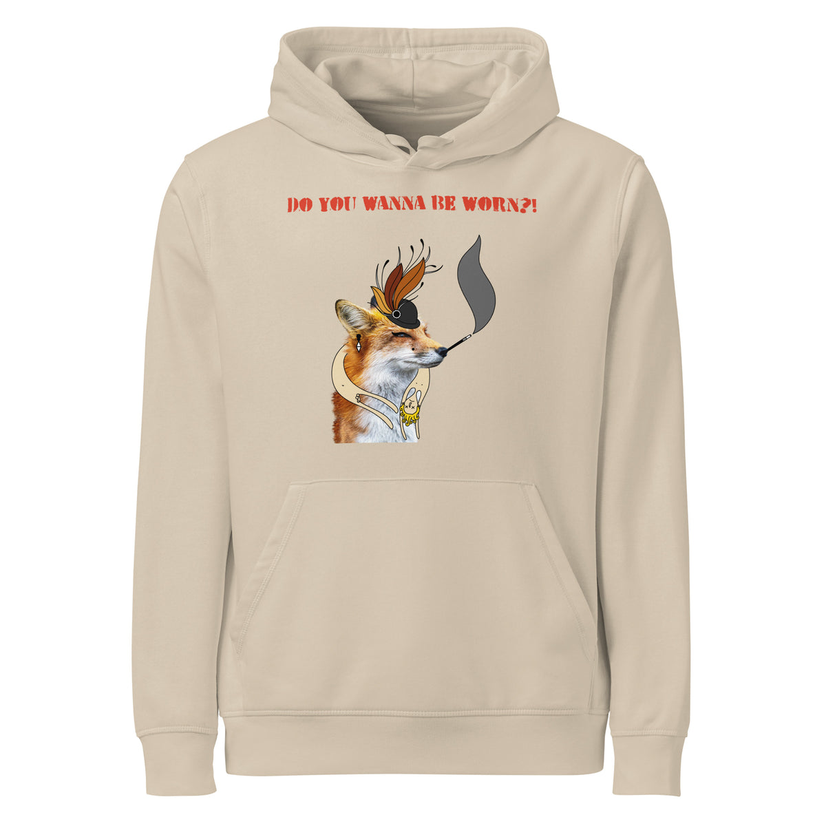 Beiger Hoodie mit Kapuze, Kängurutasche und Fuchs-Print vorne
