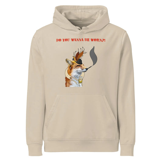 Hellbeiger Hoodie mit Kapuze und Fuchsmotiv vorn, rote Aufschrift über der Tasche.