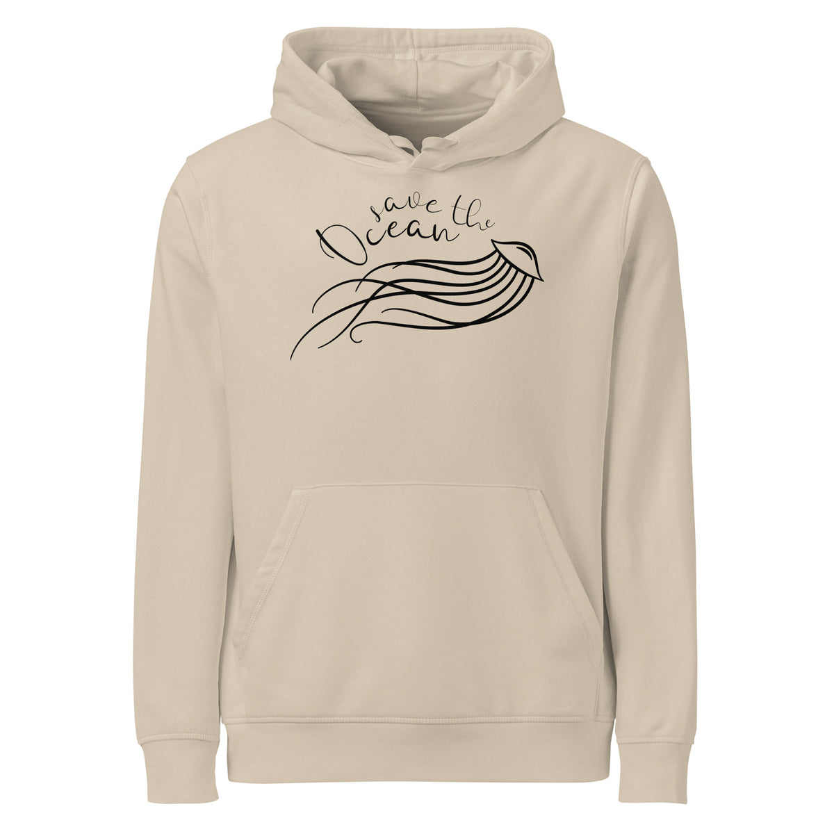 Beiger Hoodie mit Kapuze, Kängurutasche und Meerestier-Print vorn