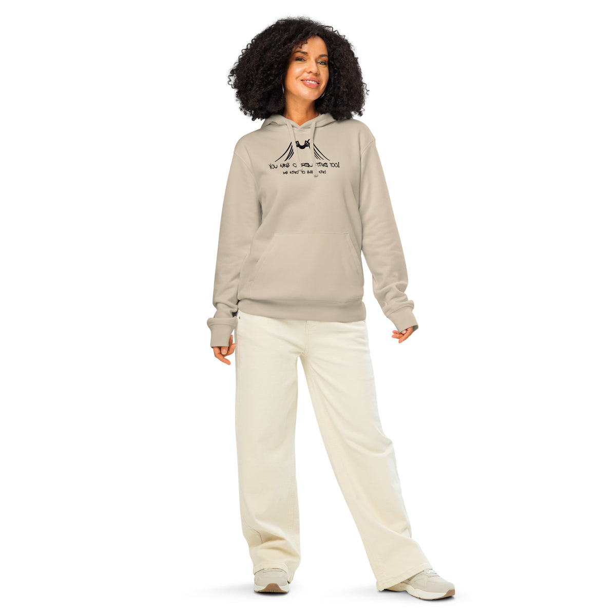 Beiger Hoodie mit Kapuze und Spinnen-Aufdruck, Kängurutasche und Kordel