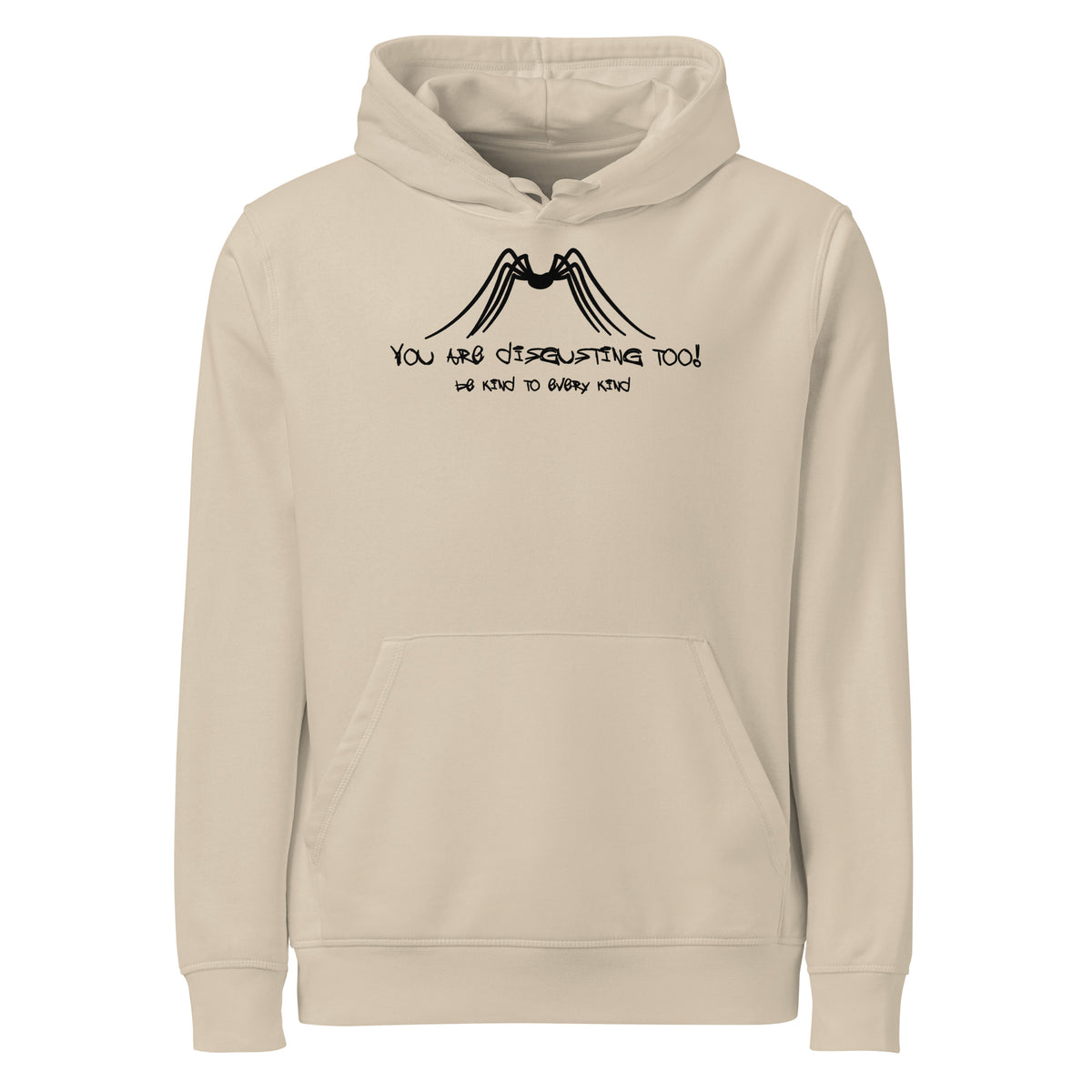 Hellbeiger Hoodie mit Kapuze, Kängurutasche und Spinnen-Print auf der Brust