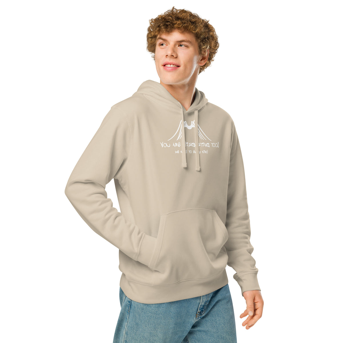Beiger Vegan-Hoodie mit Kapuze und Spinnen-Aufdruck, Kordel vorne