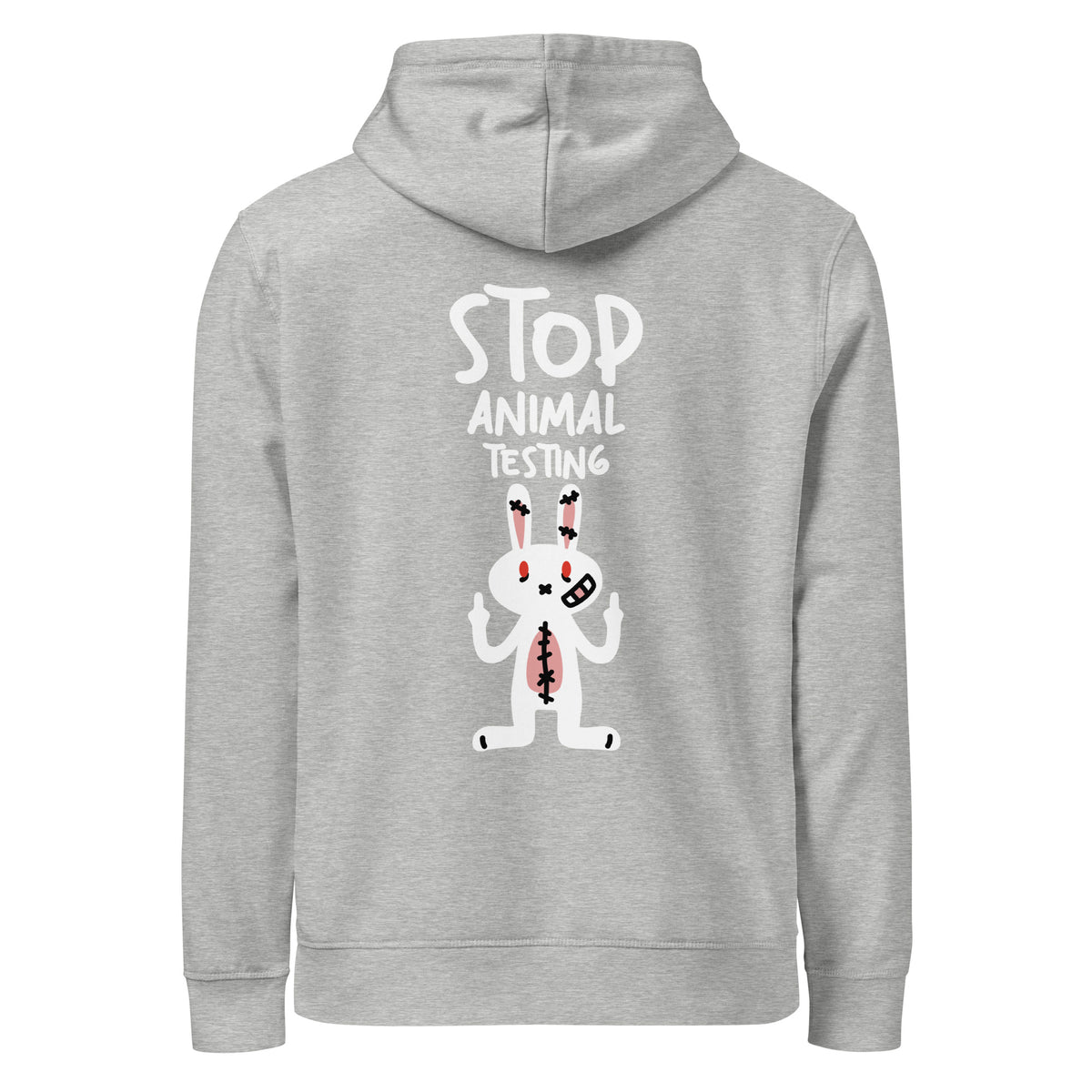 Hellgrauer Hoodie mit Kapuze und Rückenprint „STOP ANIMAL TESTING“ mit Kaninchen