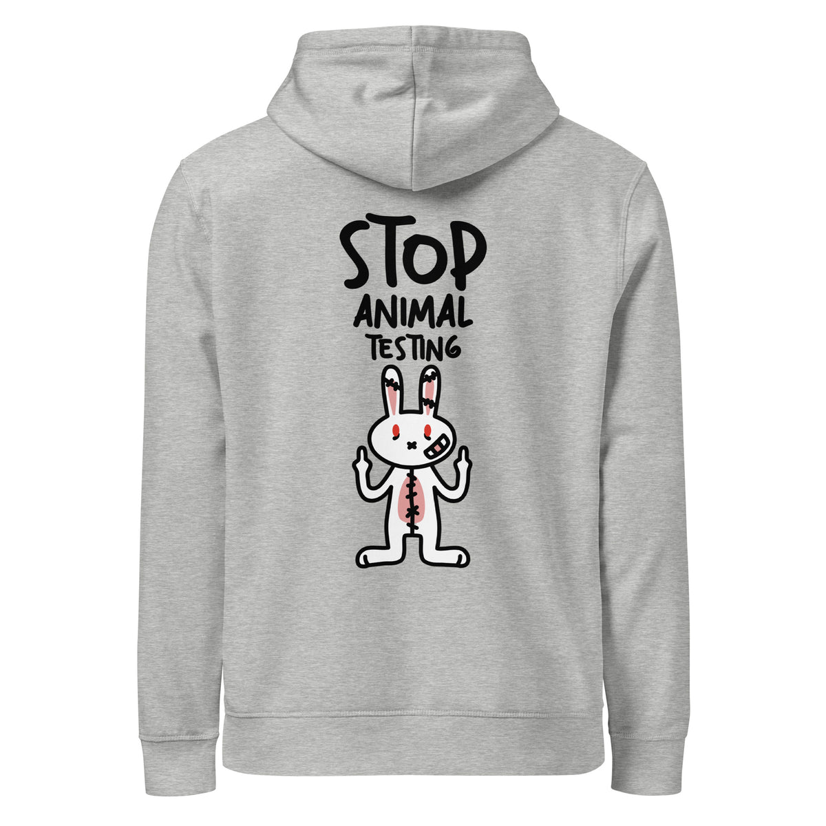 Hellgrauer veganer Bio-Hoodie mit Kapuze und Frontaufdruck STOP ANIMAL TESTING