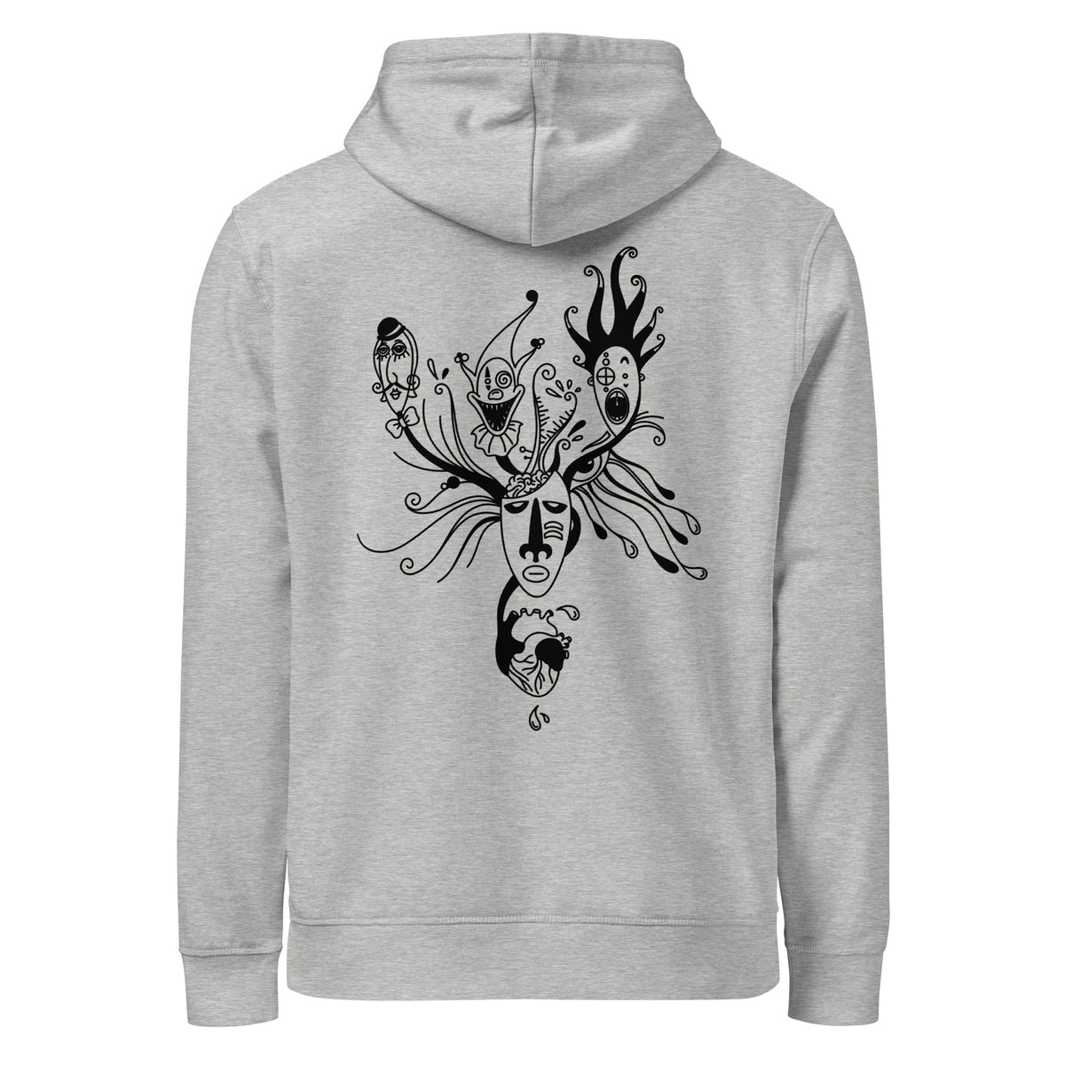 Hellgrauer Hoodie mit Kapuze und schwarzem Maskenillustrationsprint auf dem Rücken