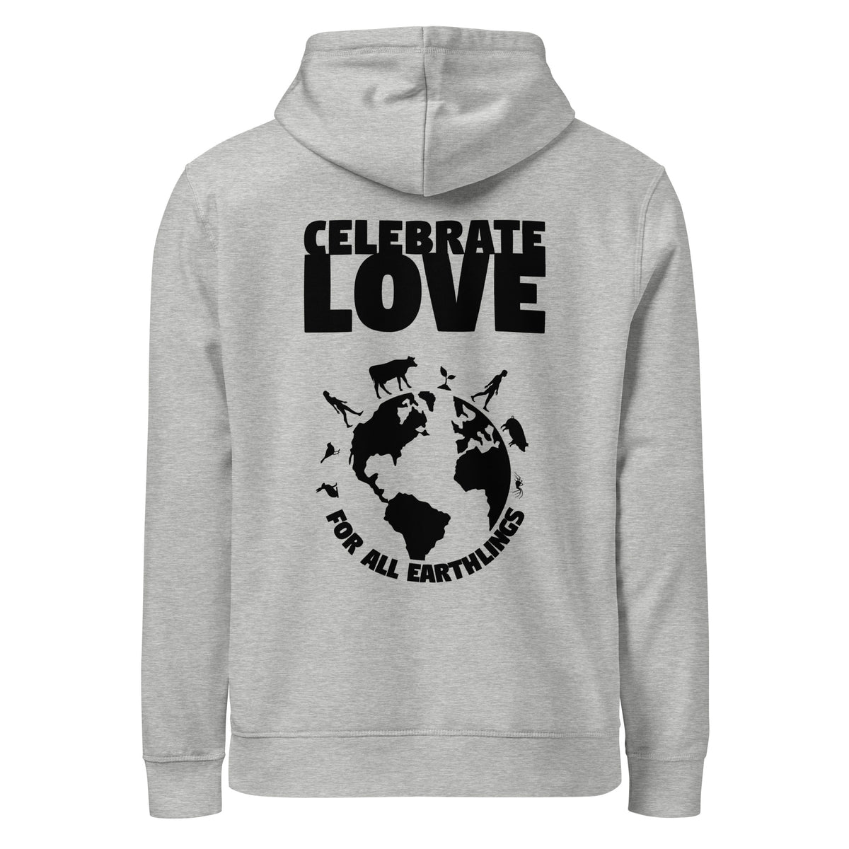 Hellgrauer Hoodie mit Kapuze und großem Print „CELEBRATE LOVE“ auf der Vorderseite