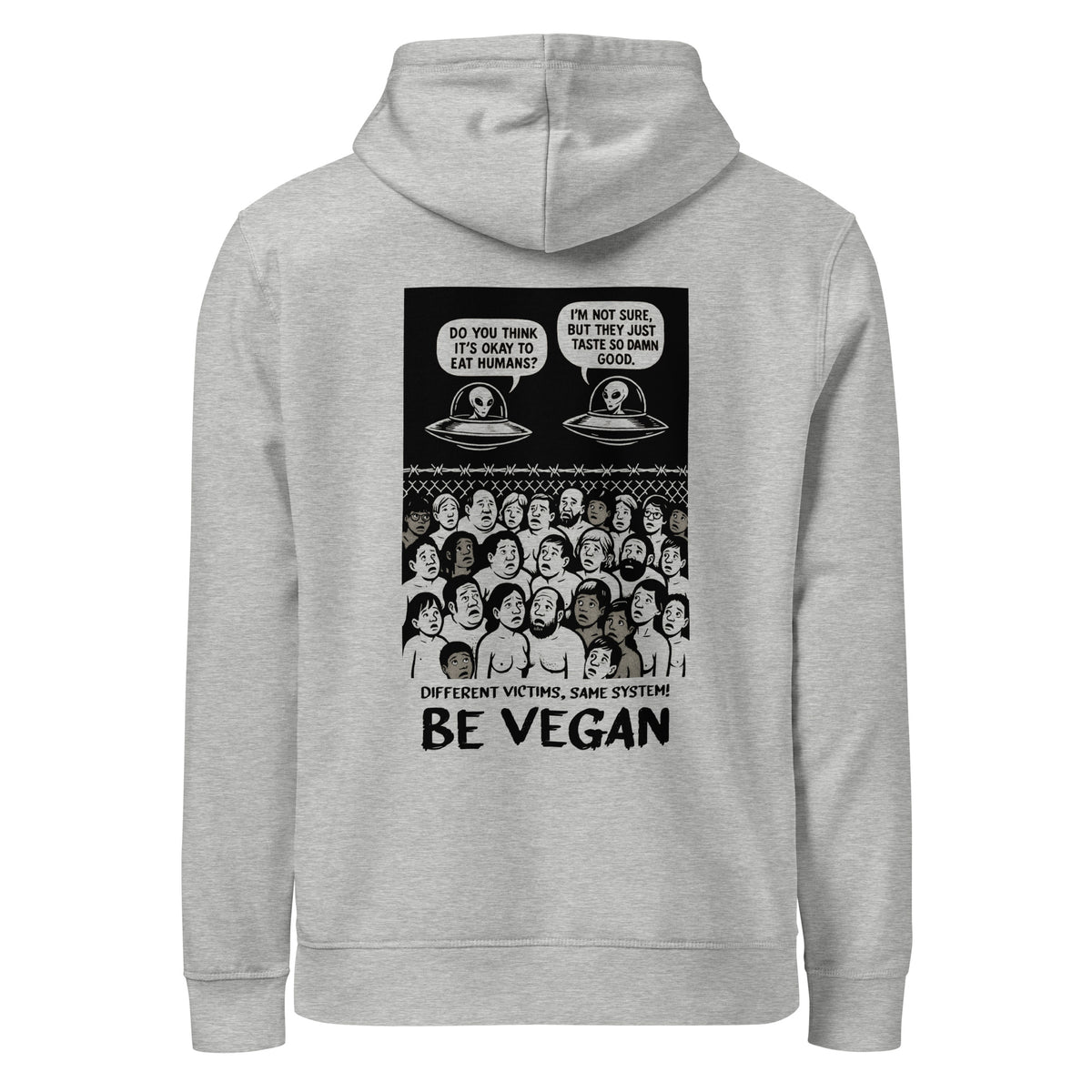 Hellgrauer veganes Bio-Hoodie mit Kapuze und Reißverschluss, Alien-Print vorne