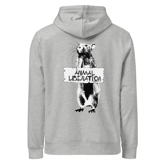 Hoodie mit Kapuze in hellem Heather-Grau mit Ratten-Print mittig