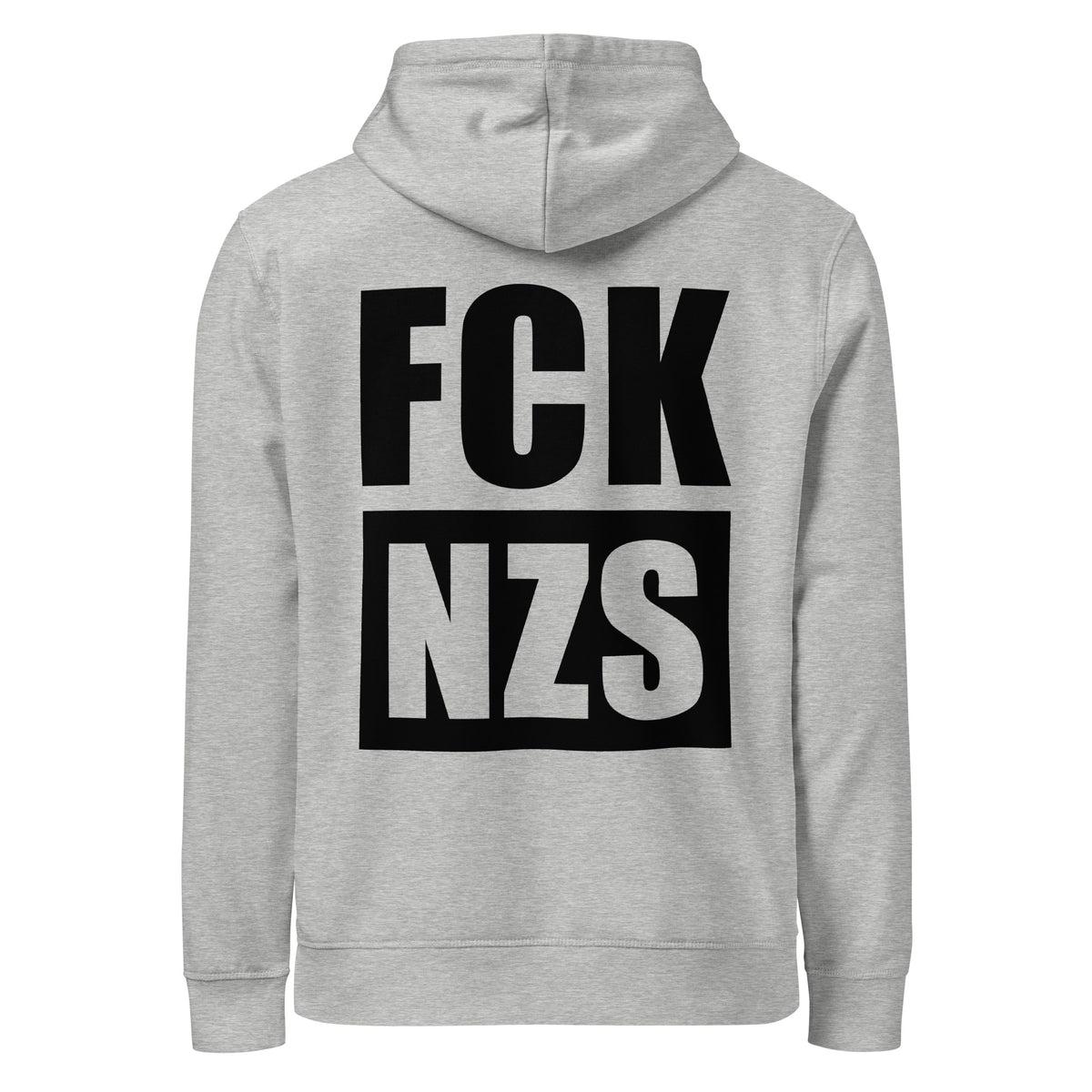 Hellgrauer Hoodie mit Kapuze und Kängurutasche, Frontprint „FCK NZS“.