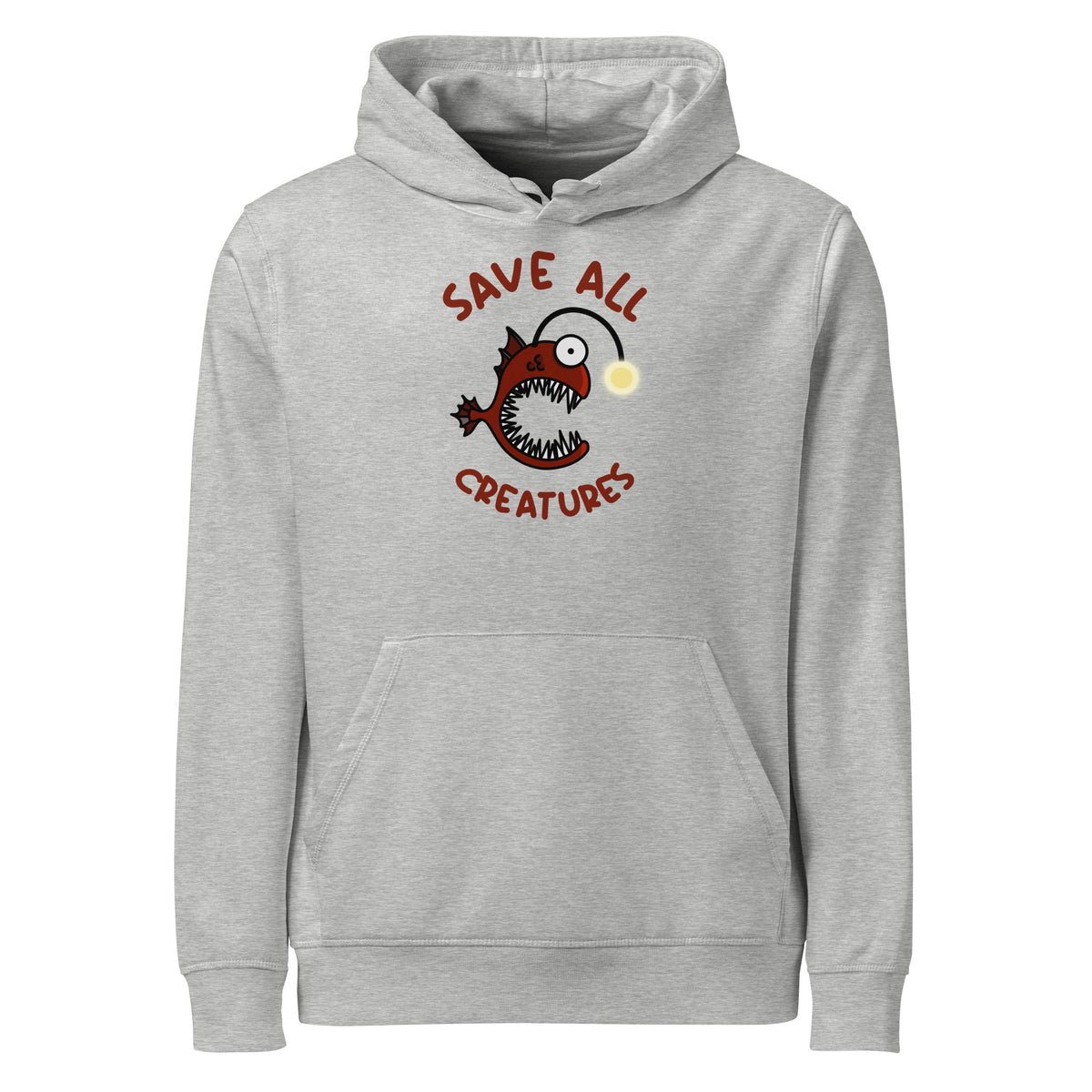 Grau melierter Hoodie mit Kapuze und Kängurutasche, bunter „Save all Creatures“-Aufdruck