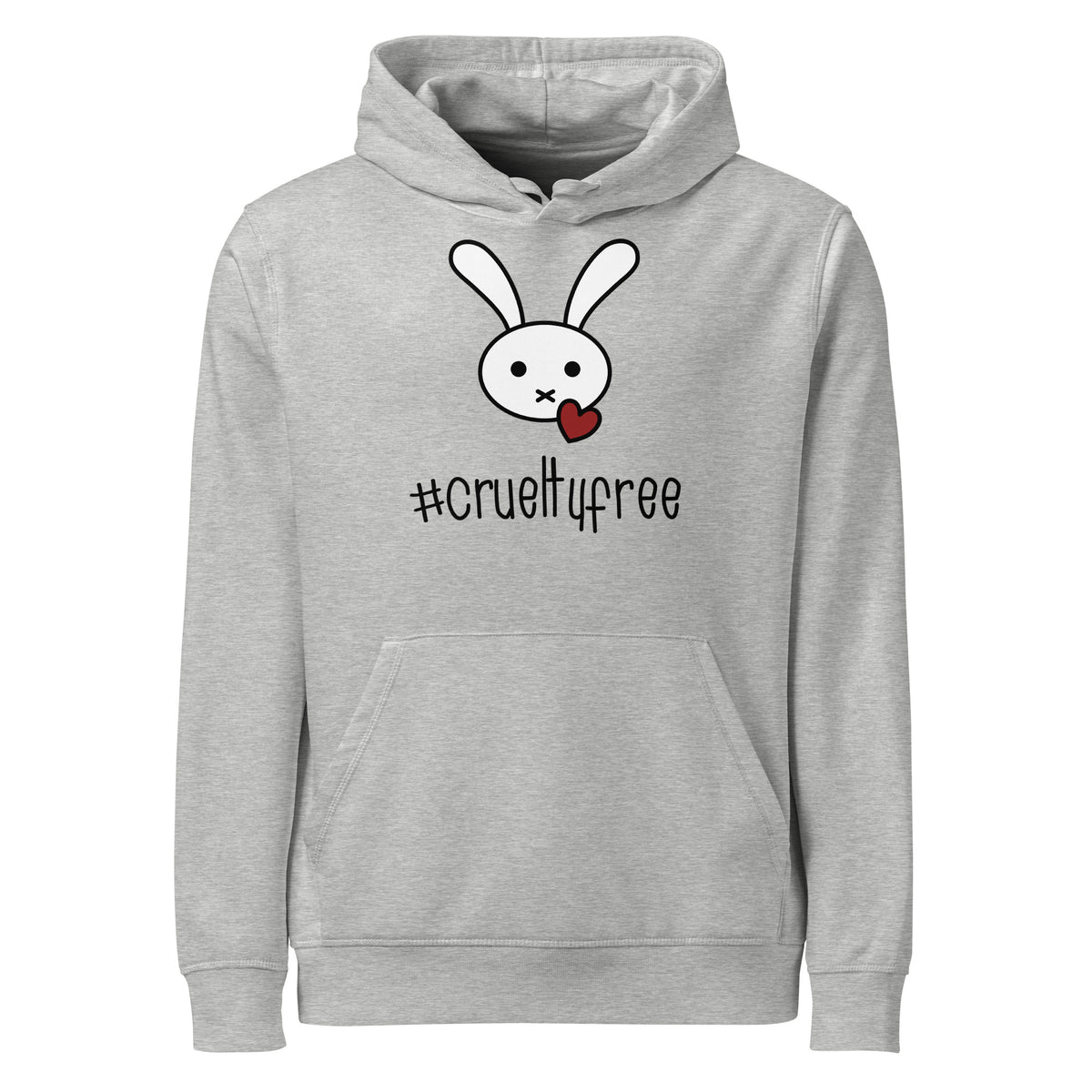 Grauer Bio-Baumwoll-Hoodie mit Hasen-Grafik, rotem Herz und #crueltyfree Schriftzug im Unisex-Design.