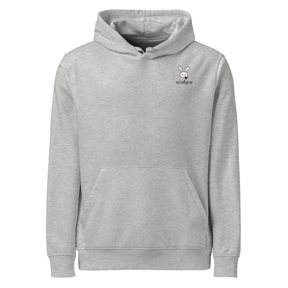 Grauer Bio-Baumwoll-Hoodie mit Kapuze, Kängurutasche und kleinem Hasen-Logo sowie #crueltyfree Schriftzug auf der Brust.