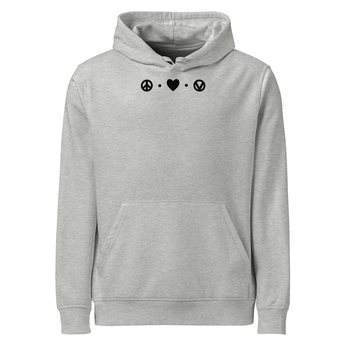 Hellgrauer Hoodie mit Kapuze, Kängurutasche und Peace-/Herz-Print vorn.