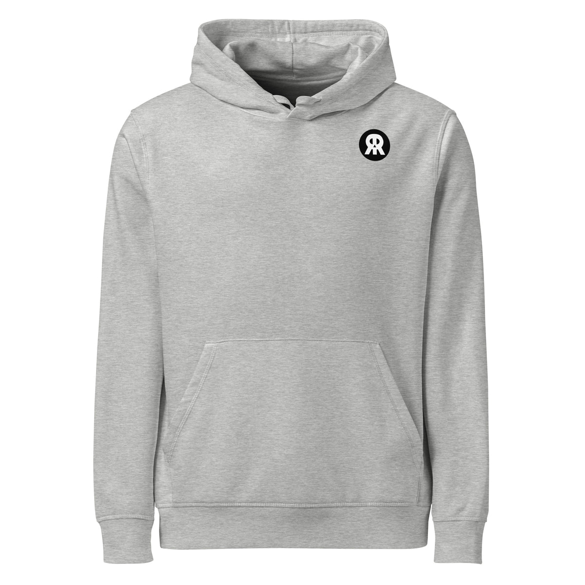 Hellgrauer Hoodie mit Kapuze, Kängurutasche und kleinem Logo auf der Brust.