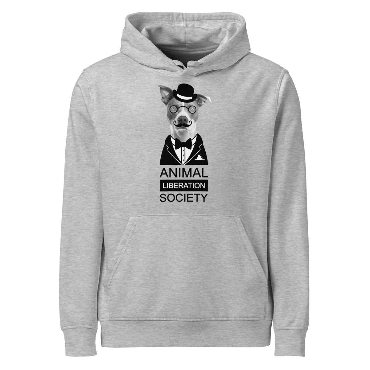 Hellgrauer Hoodie mit Kapuze und Kängurutasche, Aufdruck „Animal Liberation Society“.