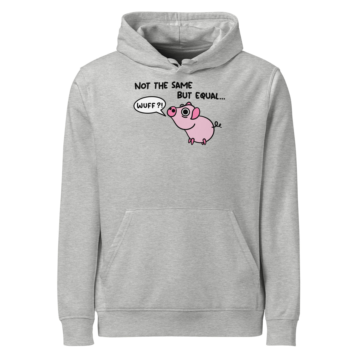 Veganer Bio-Hoodie, hellgrau meliert: Kapuze, Kängurutasche, Schweinchen-Comicprint